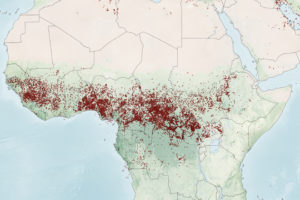 mappa dell'Africa equatoriale che mostra la diminuzione dell'inquinamento atmosferico durante la stagione degli incendi